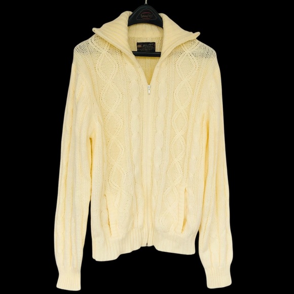Vtg John Blair Menswear 3D Cable Knit Zip Cardigan Sz L Butter Yellow Grandpa - Picture 1 of 5